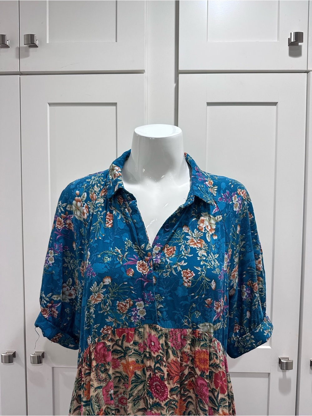 Natural Life Rebecca Midi Dress Blue Patchwork Floral Collared Boho Cottagecore - Picture 3 of 6